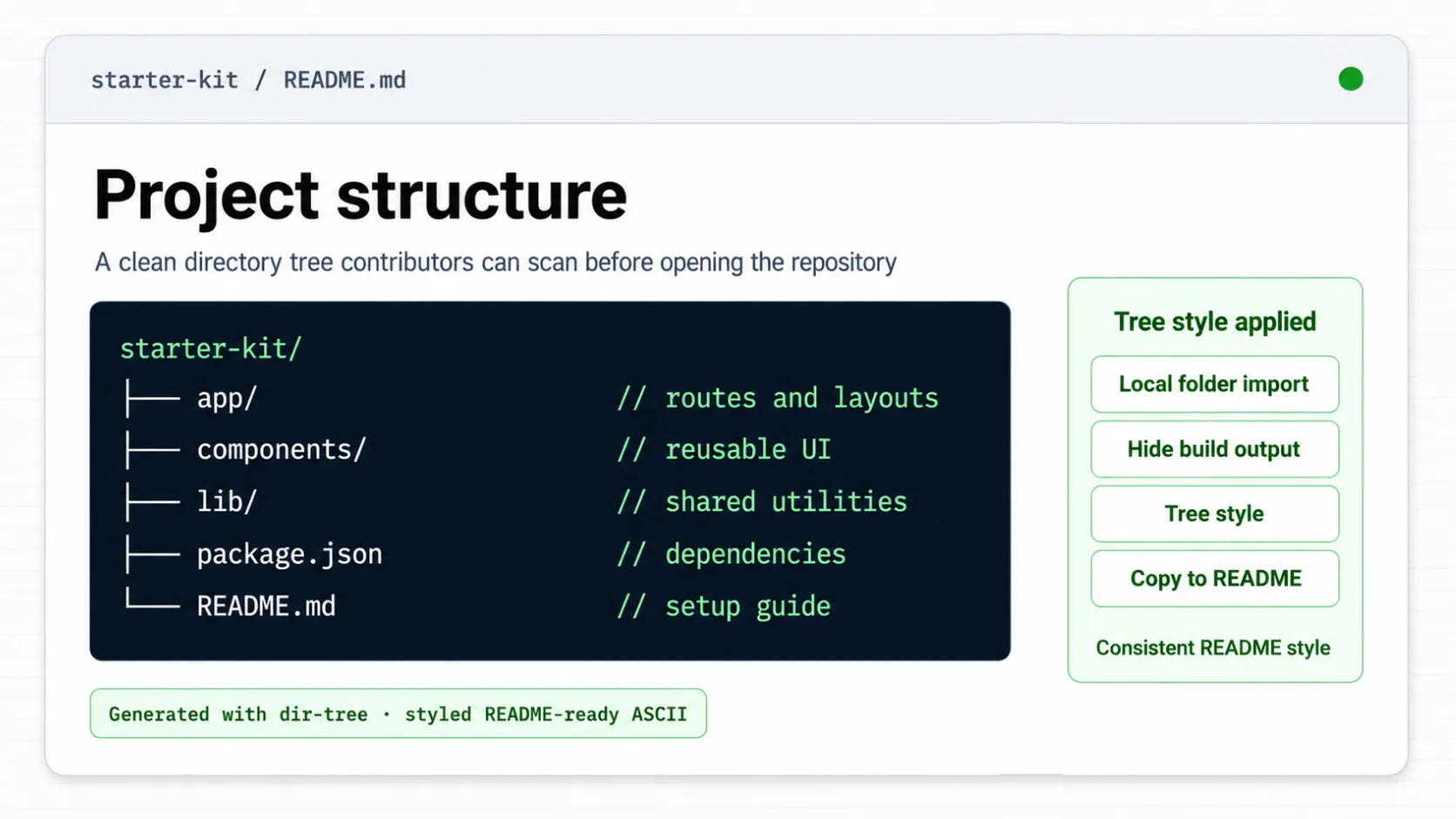 README project structure generated by dir-tree with aligned annotations and consistent tree style