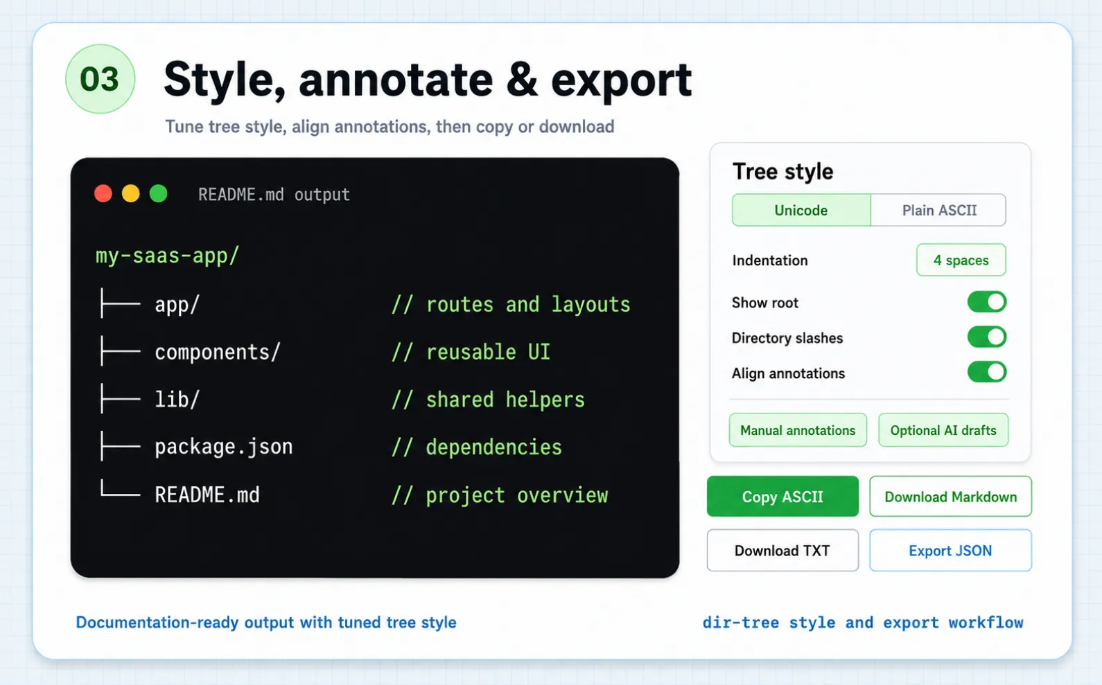 dir-tree customizing tree style, aligning annotations, and exporting README-ready ASCII, Markdown, TXT, and JSON